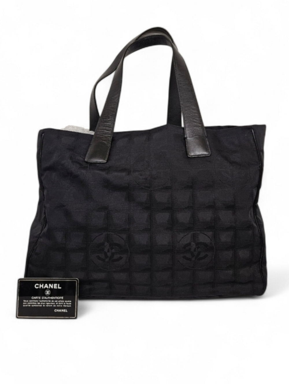 CHANEL 2002 Travel Ligne Monogram Tote Bag in Black Nylon